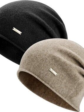 Unisex Black & Brown 100% Wool Warm Knit Pull-On Winter Slouchy Skull Beanie Cap